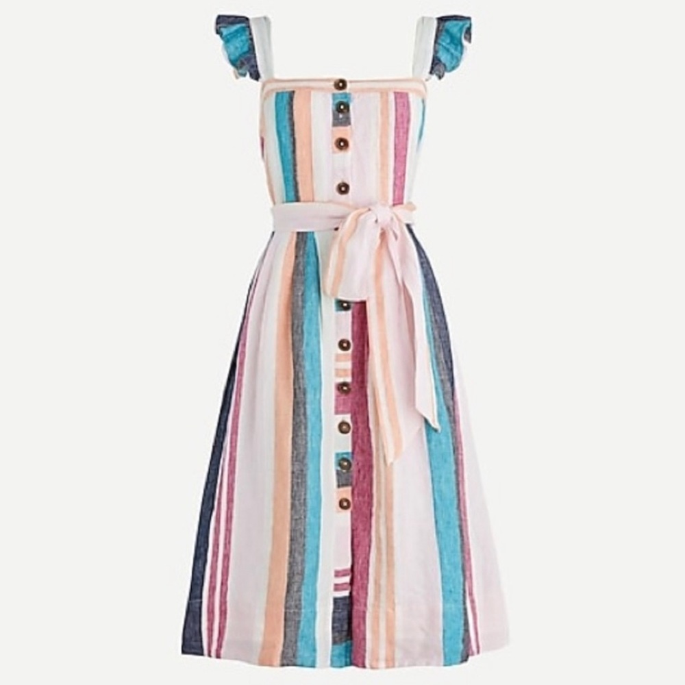 J. Crew Button Front Midi Dress Mixed Multicolor Stripe Linen AK255 NWT 00 - Picture 3 of 8